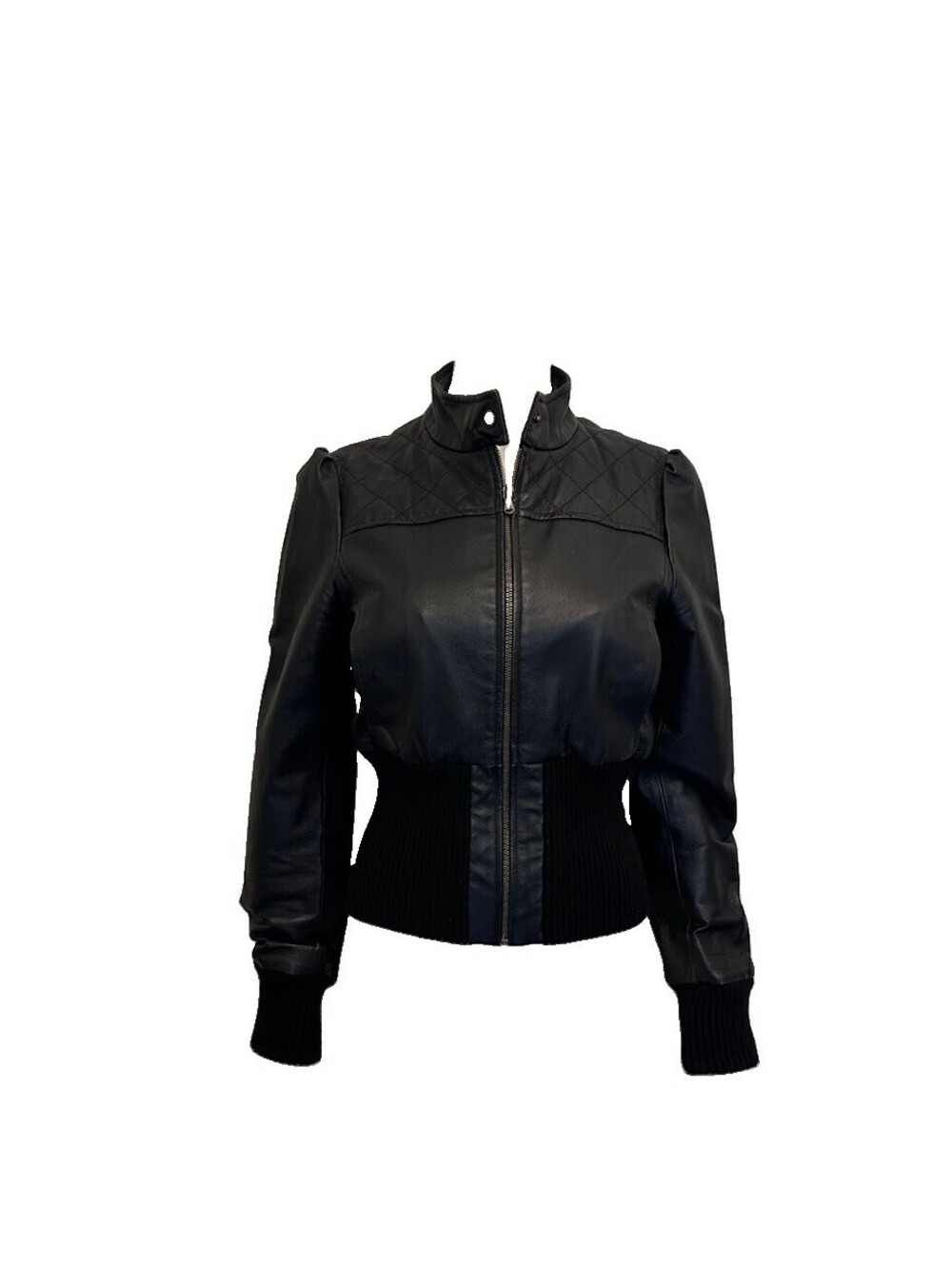 GUESS Women's Black Y2K Leather Bomber Jacket Size Full Zip Ribbed Collar Hem- M